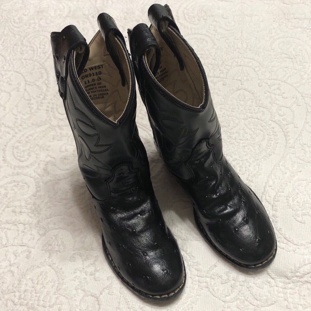 Boys Western Boots Size 11D Old West Black Faux Ostrich